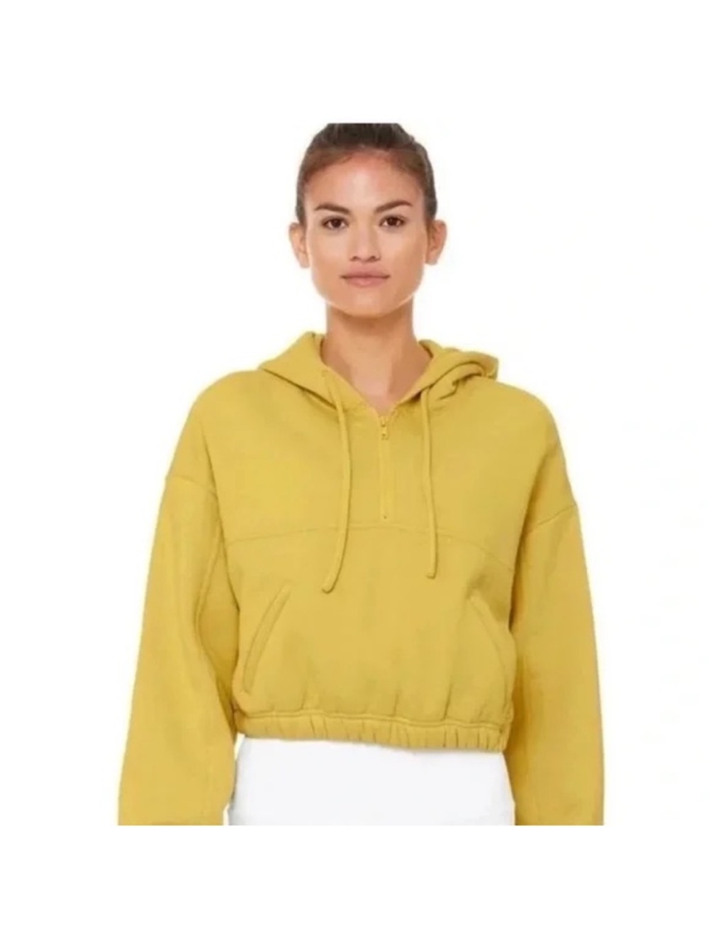 ALO Yoga Cropped Half-Zip Hoodie in Mustard Yellow